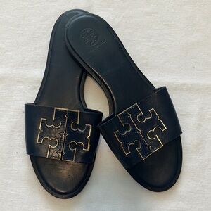 Tory Burch Black Slide Sandals with Gold Logo